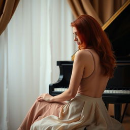 A captivating red-haired woman sitting gracefully in front of a grand piano, looking down at the keys with a thoughtful expression