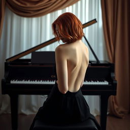 A captivating red-haired woman sitting gracefully in front of a grand piano, looking down at the keys with a thoughtful expression