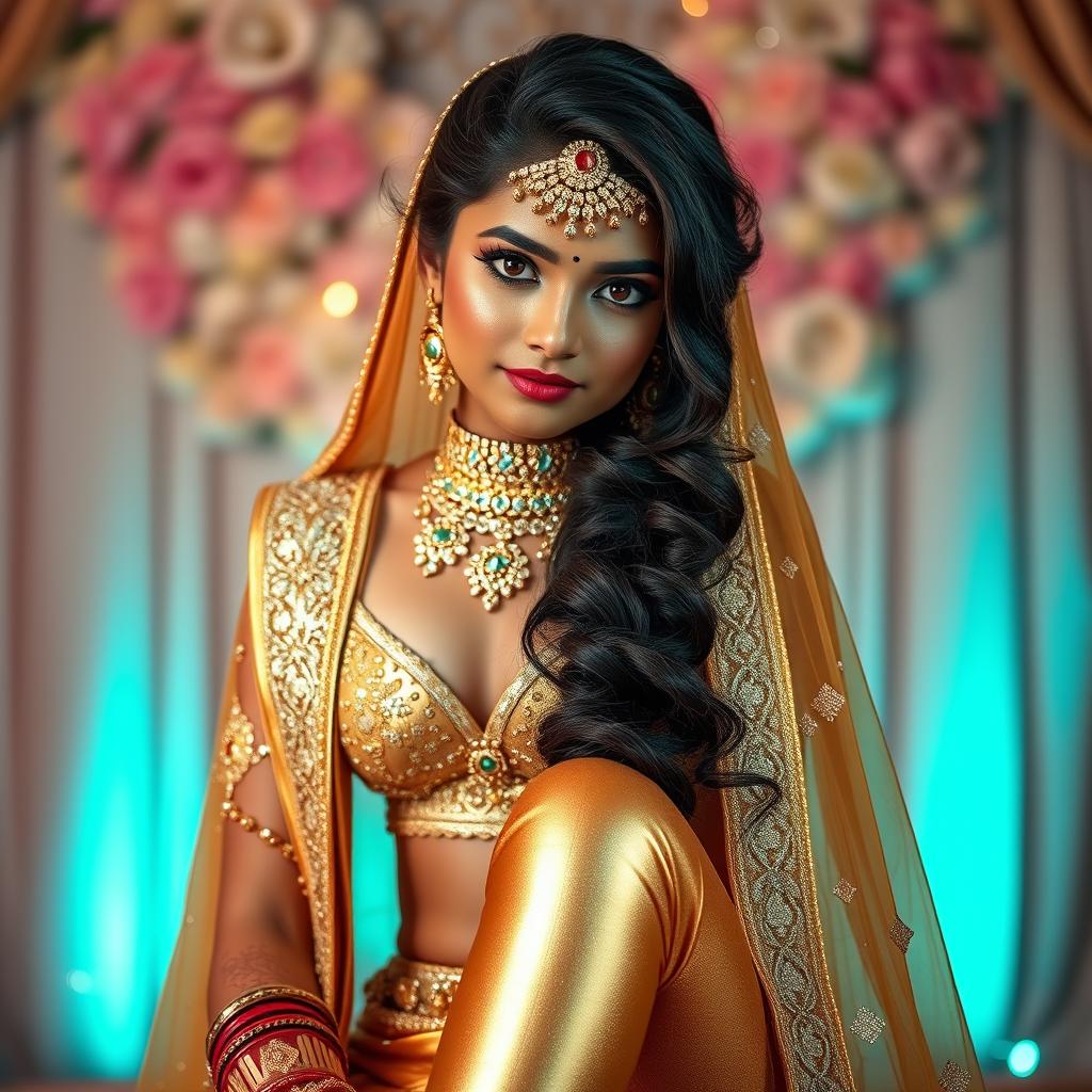 A stunning portrait of a 16-year-old Indian girl showcasing her glamorous look in golden tight leggings