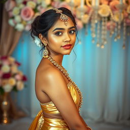 A stunning portrait of a 16-year-old Indian girl showcasing her glamorous look in golden tight leggings