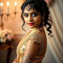 A stunning portrait of a 16-year-old Indian girl showcasing her glamorous look in golden tight leggings