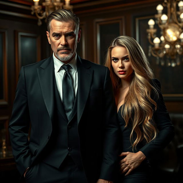 An empowered mafia man in a sharp, dark suit, exuding dominance and charisma, standing confidently with a stunning woman who has long, flowing blonde hair