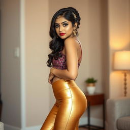 A beautiful Indian teen girl standing confidently, showcasing a sexy figure in golden tight leggings that perfectly highlight her curves