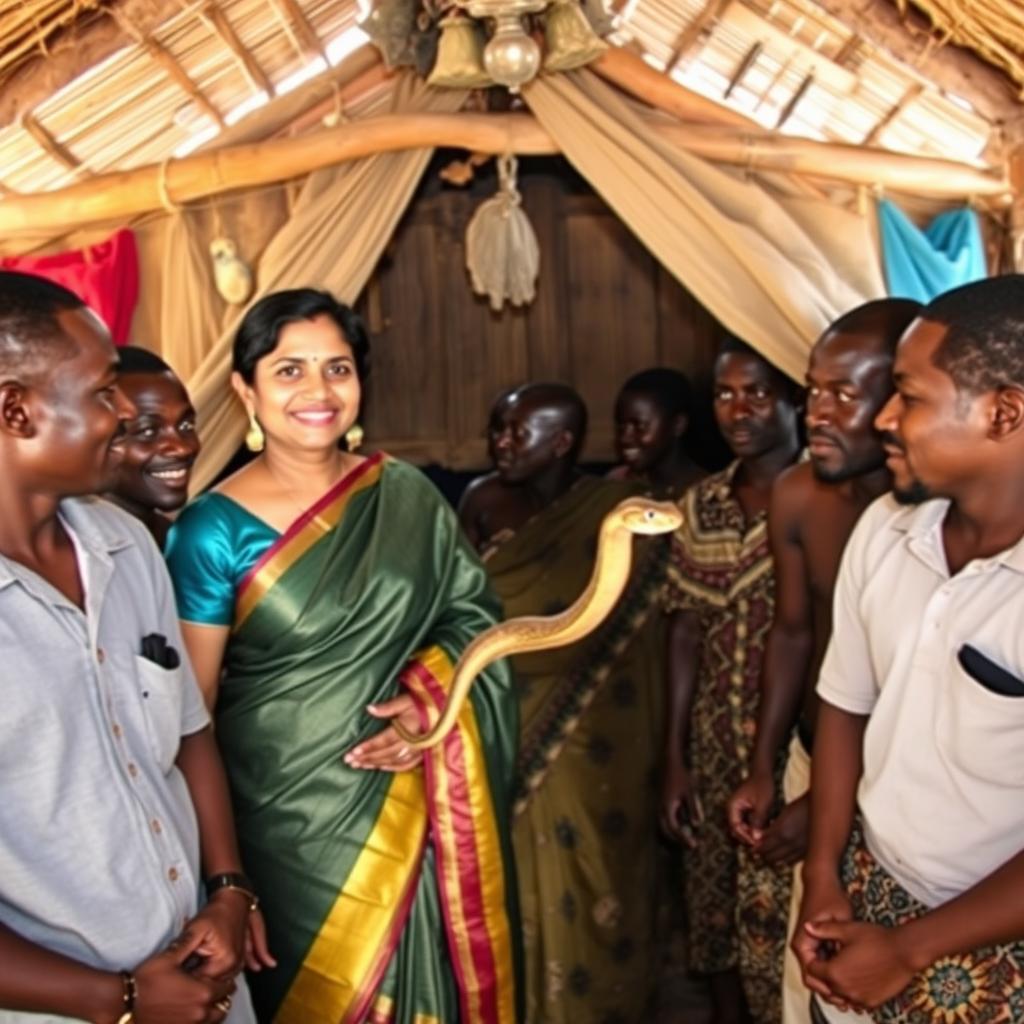 An Indian lady wearing a beautiful saree is confidently holding a snake in her hand while surrounded by several African males inside a traditional hut