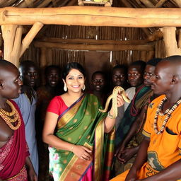 An Indian lady wearing a beautiful saree is confidently holding a snake in her hand while surrounded by several African males inside a traditional hut