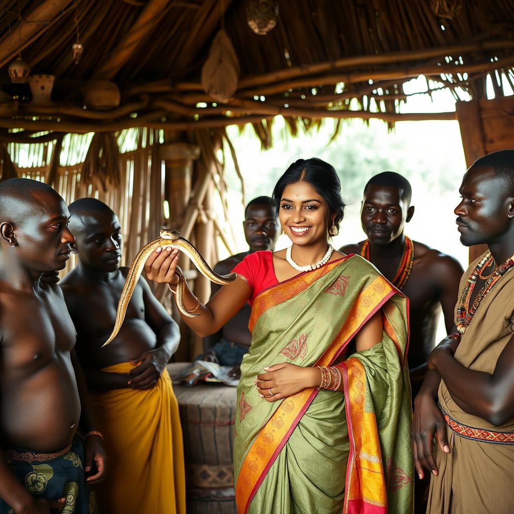 An Indian lady wearing a beautiful saree is confidently holding a snake in her hand while surrounded by several African males inside a traditional hut