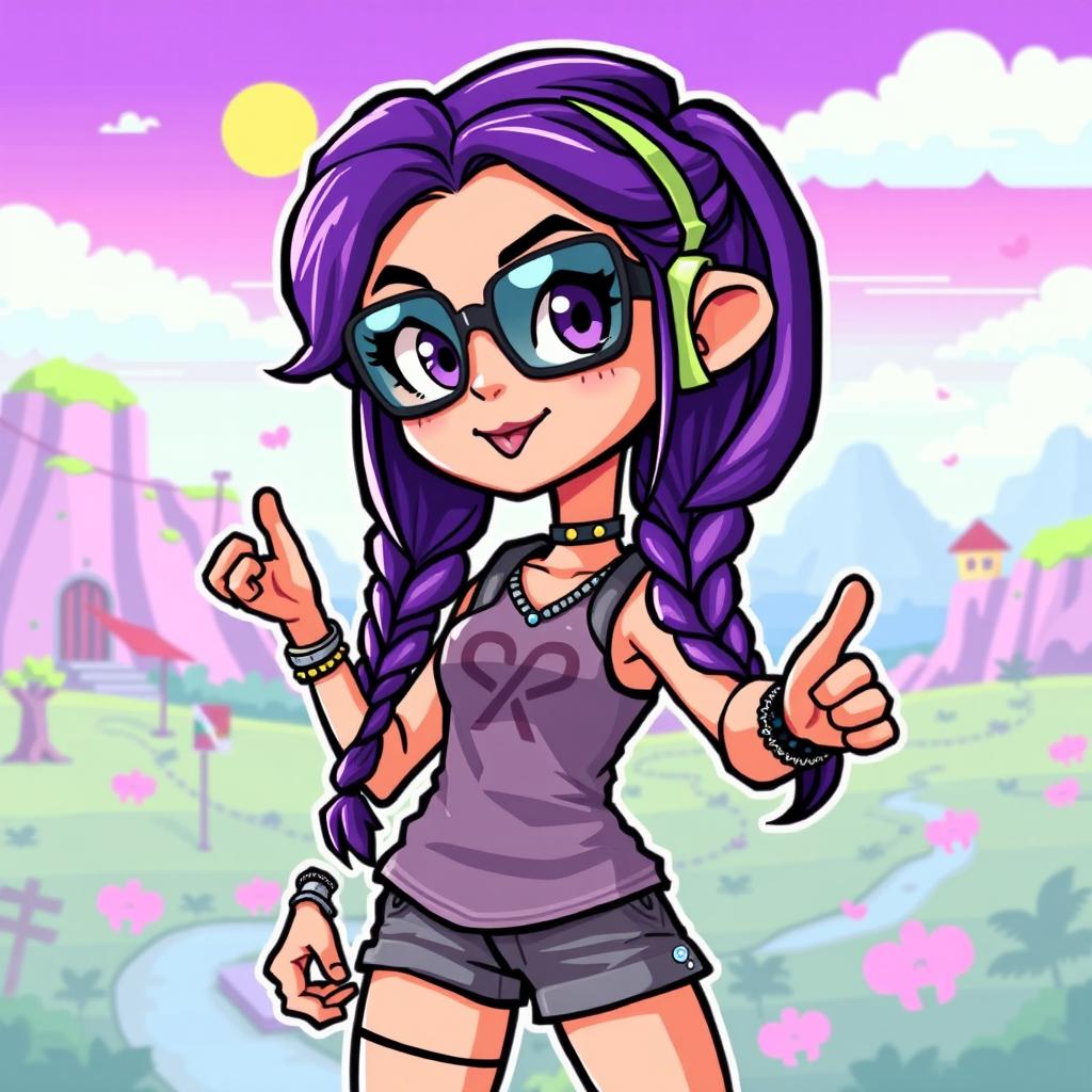 A cool girl with a braid and purple hair, designed in a pixel art style for a video game