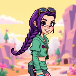 A cool girl with a braid and purple hair, designed in a pixel art style for a video game