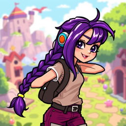 A cool girl with a braid and purple hair, designed in a pixel art style for a video game