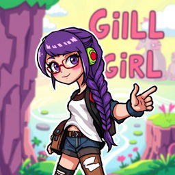 A cool girl with a braid and purple hair, designed in a pixel art style for a video game