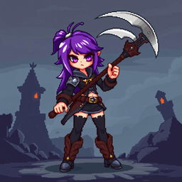 A cool girl with a battle scythe and purple hair, designed in a pixel art style for a video game