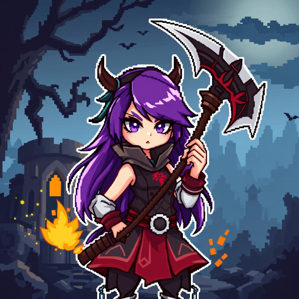 A cool girl with a battle scythe and purple hair, designed in a pixel art style for a video game