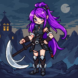 A cool girl with a battle scythe and purple hair, designed in a pixel art style for a video game