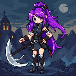 A cool girl with a battle scythe and purple hair, designed in a pixel art style for a video game