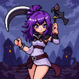 A cool girl with a battle scythe and purple hair, designed in a pixel art style for a video game