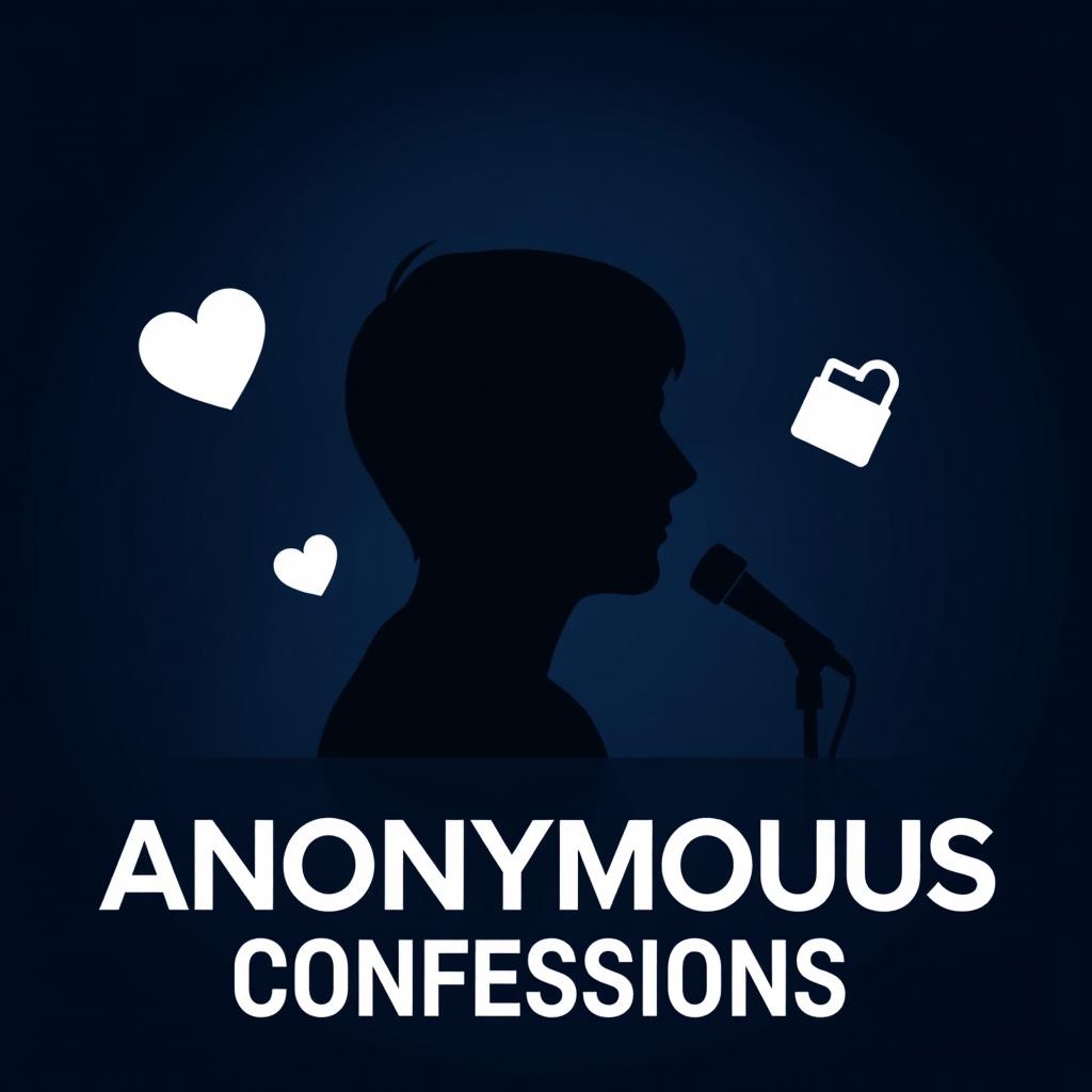 A minimalist YouTube thumbnail for a podcast called 'Anonymous Confessions', featuring a dark gradient background with subtle spotlight effects