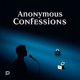 A minimalist YouTube thumbnail for a podcast called 'Anonymous Confessions', featuring a dark gradient background with subtle spotlight effects