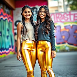 Two Indian teenage girls, 16 years old, casually posing together, both wearing stylish golden tight leggings that shimmer in the light