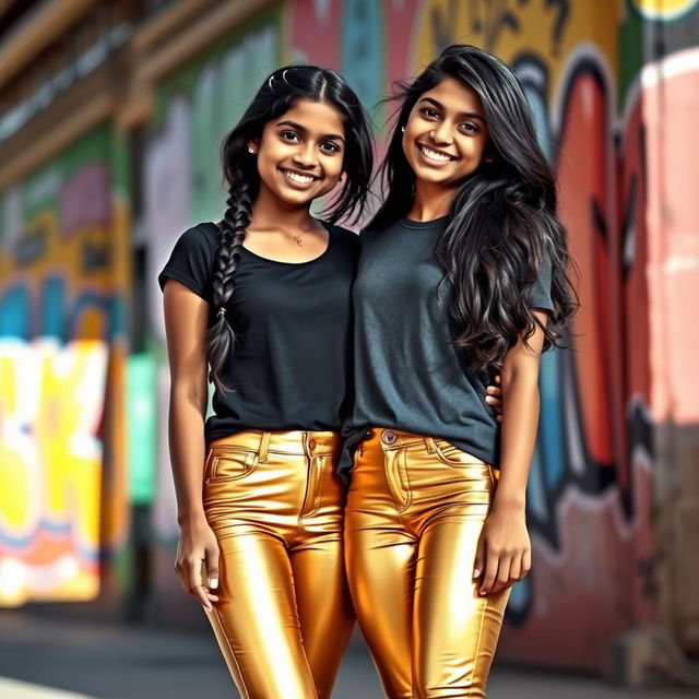 Two Indian teenage girls, 16 years old, casually posing together, both wearing stylish golden tight leggings that shimmer in the light