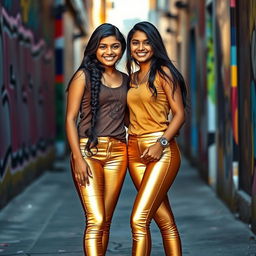 Two Indian teenage girls, 16 years old, casually posing together, both wearing stylish golden tight leggings that shimmer in the light