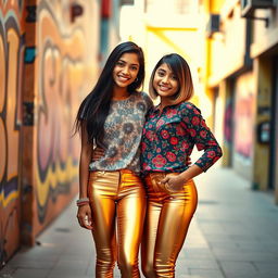 Two stylish Indian teen girls, both 16 years old, are standing confidently side by side