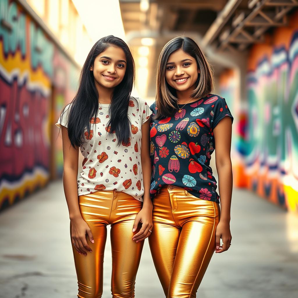 Two stylish Indian teen girls, both 16 years old, are standing confidently side by side