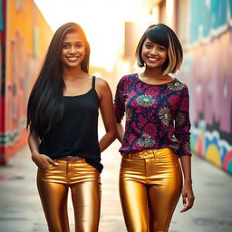 Two stylish Indian teen girls, both 16 years old, are standing confidently side by side