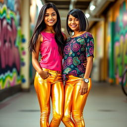 Two stylish Indian teen girls, both 16 years old, are standing confidently side by side