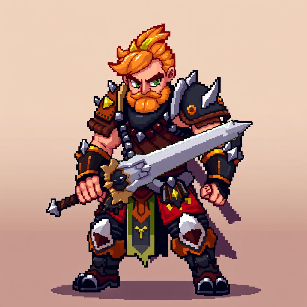 A pixel art warrior designed for an RPG game, featuring intricate 128x128 pixel graphics