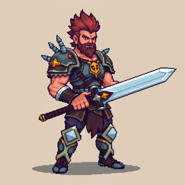 A pixel art warrior designed for an RPG game, featuring intricate 128x128 pixel graphics