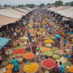 A vibrant Oja market scene in Nigeria with bustling stalls, colourful fabrics, and a variety of fresh fruits and vegetables.