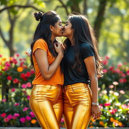 Two Indian teenage girls sharing a sweet kiss, both around 16 years old