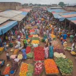 A vibrant Oja market scene in Nigeria with bustling stalls, colourful fabrics, and a variety of fresh fruits and vegetables.