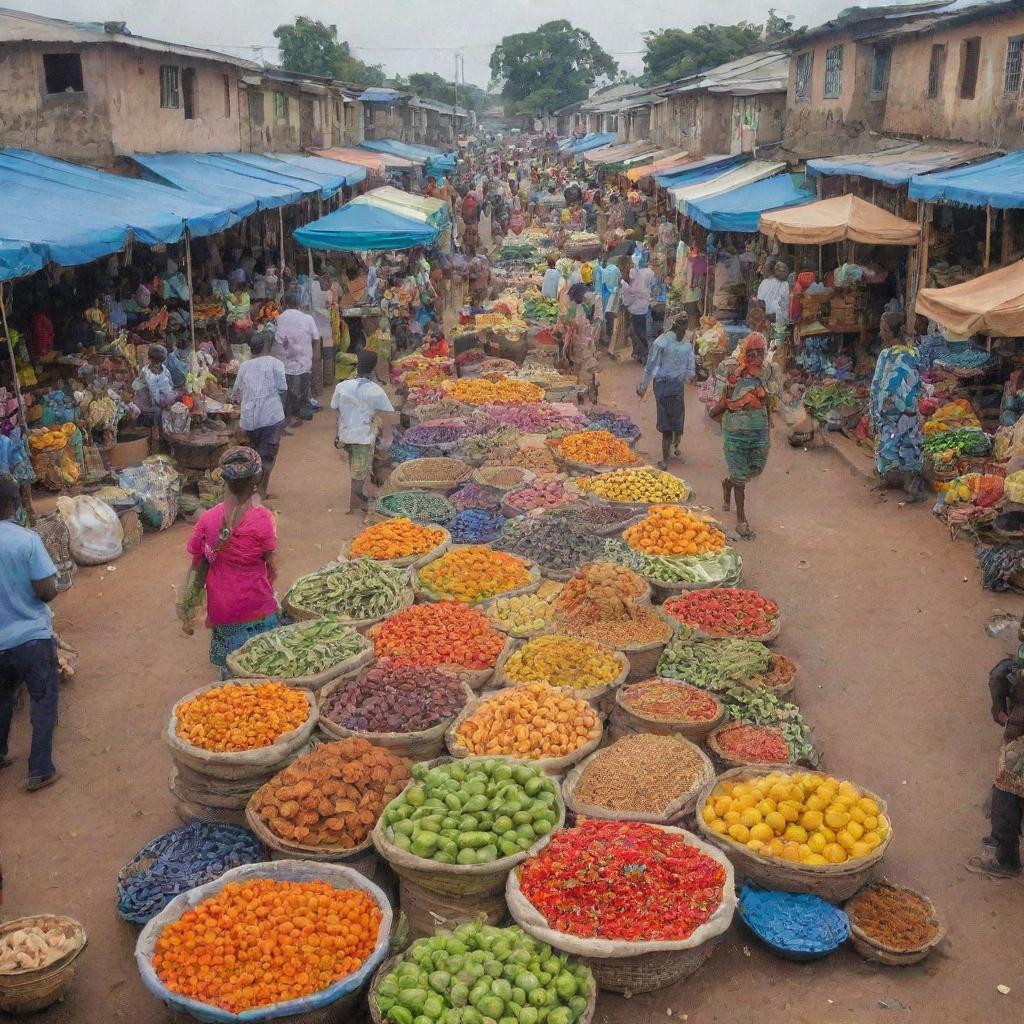 A vibrant Oja market scene in Nigeria with bustling stalls, colourful fabrics, and a variety of fresh fruits and vegetables.