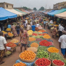 A vibrant Oja market scene in Nigeria with bustling stalls, colourful fabrics, and a variety of fresh fruits and vegetables.