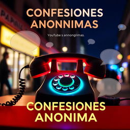 A striking YouTube thumbnail for a podcast titled 'Confesiones Anónimas' featuring anonymous callers sharing their personal stories