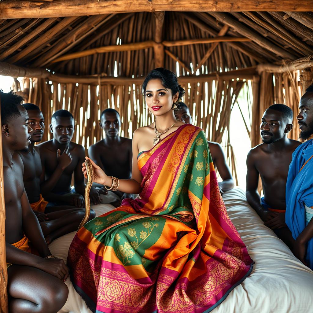 A stunning scene featuring a topless Indian woman elegantly draped in a colorful saree, holding a snake gently in her hand