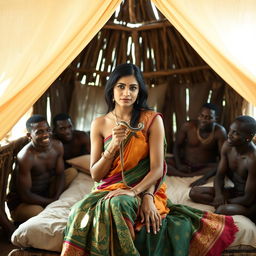 A stunning scene featuring a topless Indian woman elegantly draped in a colorful saree, holding a snake gently in her hand