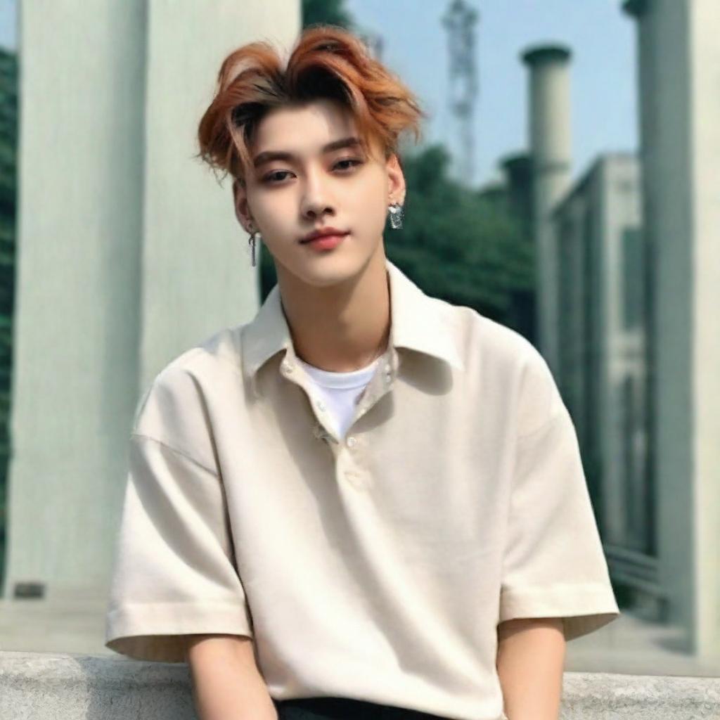 A distinct and elegant portrait of Seonghwa from the South Korean boy group, Ateez. He should be seen with styled dark hair, and a friendly, approachable smile. Minimalistic background to accentuate his features.