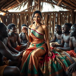 A stunning scene featuring a topless Indian woman elegantly draped in a colorful saree, holding a snake gently in her hand