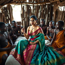 A stunning scene featuring a topless Indian woman elegantly draped in a colorful saree, holding a snake gently in her hand