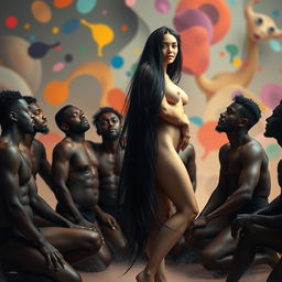 An artistic and evocative scene featuring a fully naked white woman with long, flowing black hair, standing confidently in a striking pose