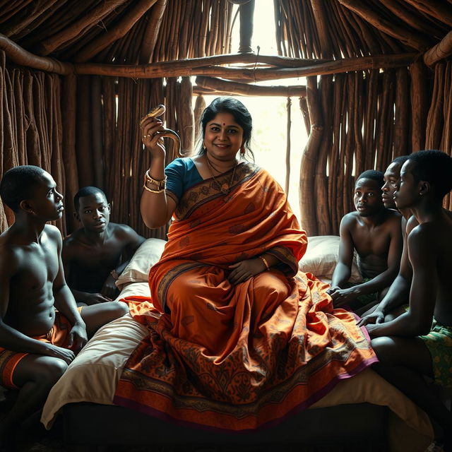 A captivating scene featuring a plump Indian woman, elegantly draped in a flowing saree, gracefully holding a snake in her hand