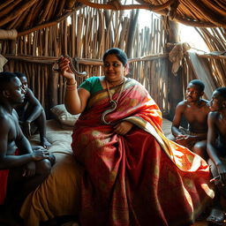 A captivating scene featuring a plump Indian woman, elegantly draped in a flowing saree, gracefully holding a snake in her hand