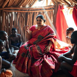 A captivating scene featuring a plump Indian woman, elegantly draped in a flowing saree, gracefully holding a snake in her hand