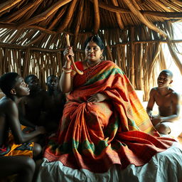 A captivating scene featuring a plump Indian woman, elegantly draped in a flowing saree, gracefully holding a snake in her hand