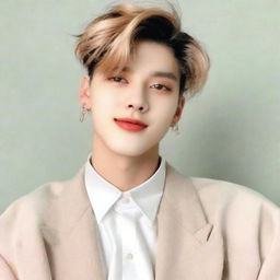 A distinct and elegant portrait of Seonghwa from the South Korean boy group, Ateez. He should be seen with styled dark hair, and a friendly, approachable smile. Minimalistic background to accentuate his features.