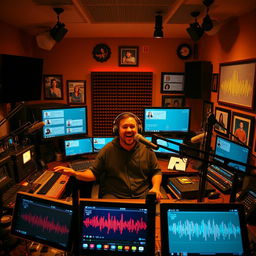 A radio studio filled with various recording equipment, microphones, soundproof walls, and glowing sound meters