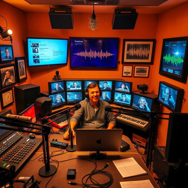 A radio studio filled with various recording equipment, microphones, soundproof walls, and glowing sound meters