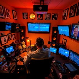 A radio studio filled with various recording equipment, microphones, soundproof walls, and glowing sound meters